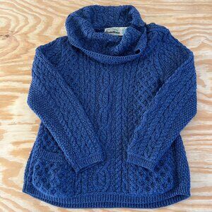 Aran Crafts 100% Merino Wool Blue Cowl neck button sweater Womens Large